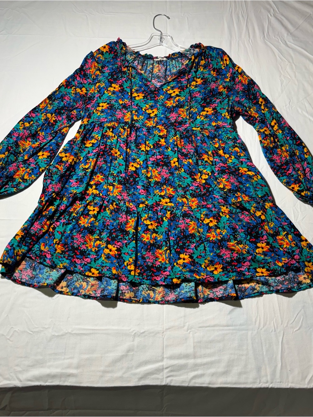 Jodifl Floral Tiered Babydoll Mini Dress Long Sleeve w/ Side Pockets Size Small